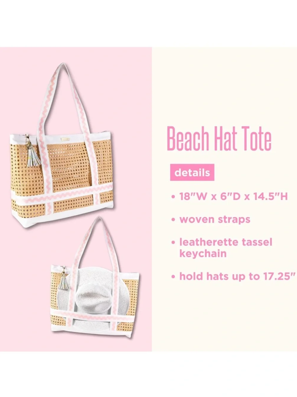 New Lilly Pulitzer Natural Woven Large Travel Tote with Pink & White Trim - Picture 5 of 13